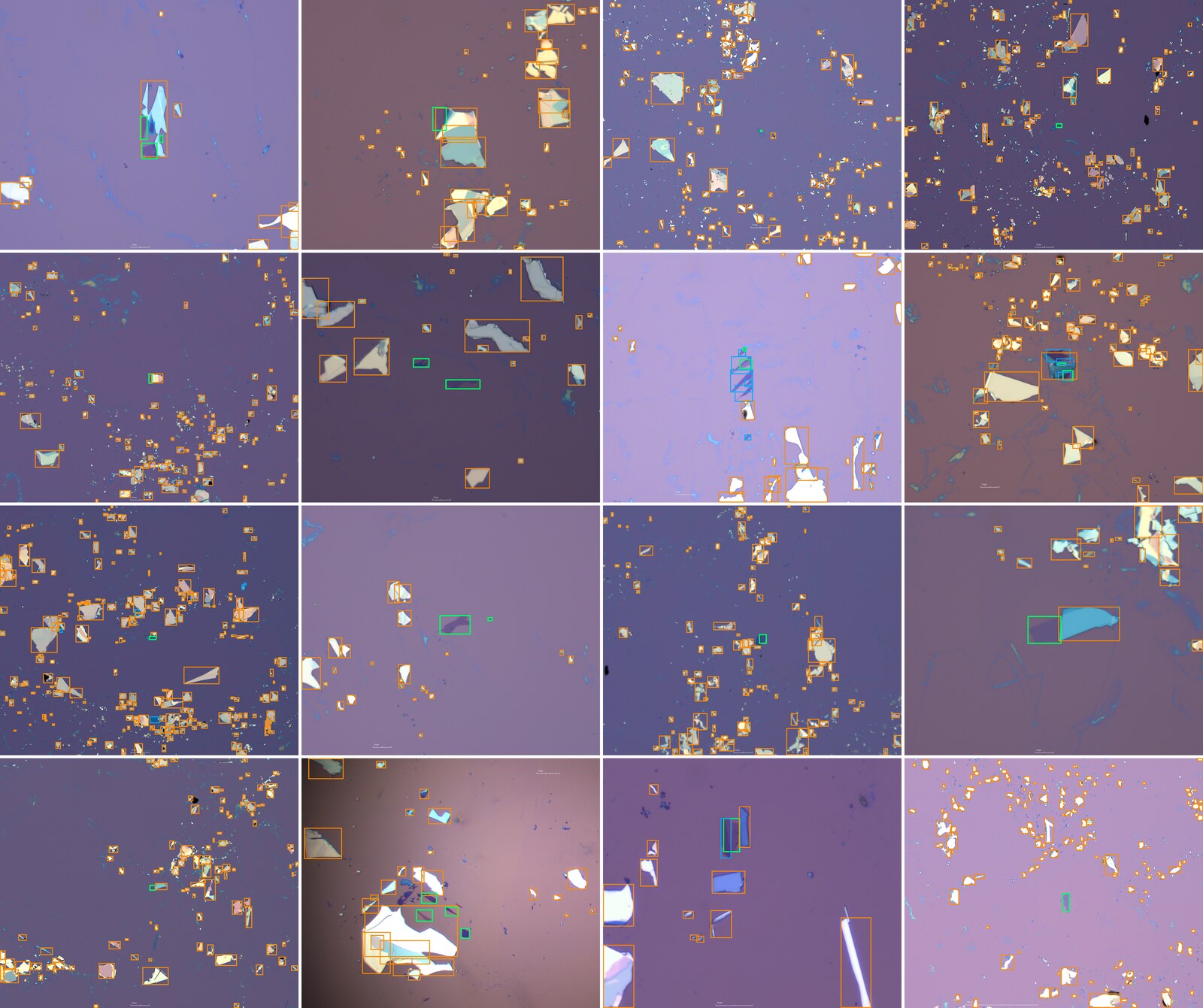 Sixteen annotated QF-Bench micrographs in a four-by-four grid